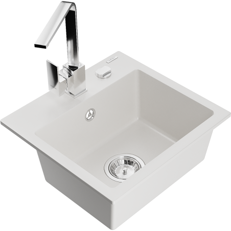 Mexen Milo 1-compartment granite sink with a kitchen mixer tap Rita, White - 6505-20-670300-00