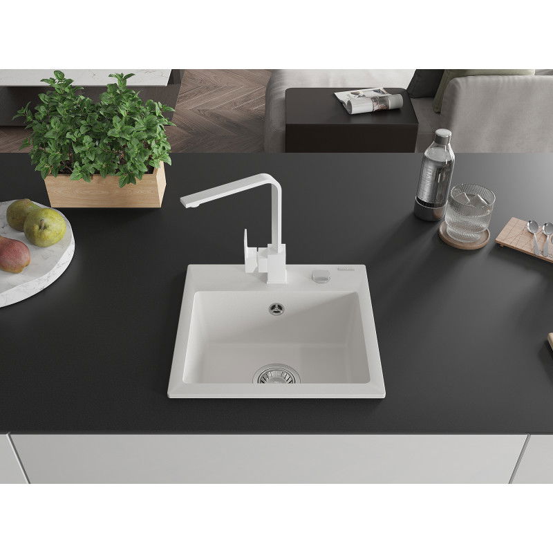 Mexen Milo granite kitchen sink 1-bowl with Rita kitchen tap, white - 6505-20-670300-20