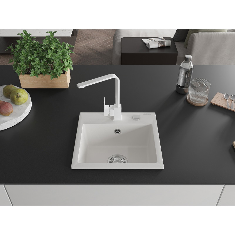 Mexen Milo granite kitchen sink single-chamber with Rita kitchen faucet, white - 6505-20-670300-20
