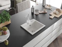 Mexen Milo granite kitchen sink 1-bowl with Rita kitchen tap, white - 6505-20-670300-20