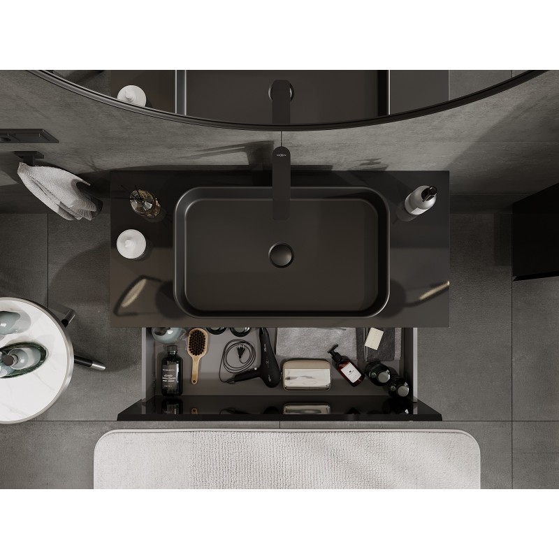 Mexen Orio 100 cm Bathroom Cabinet with Countertop, 1 Drawer, Black Gloss - 91A10-10047-1-BFC70