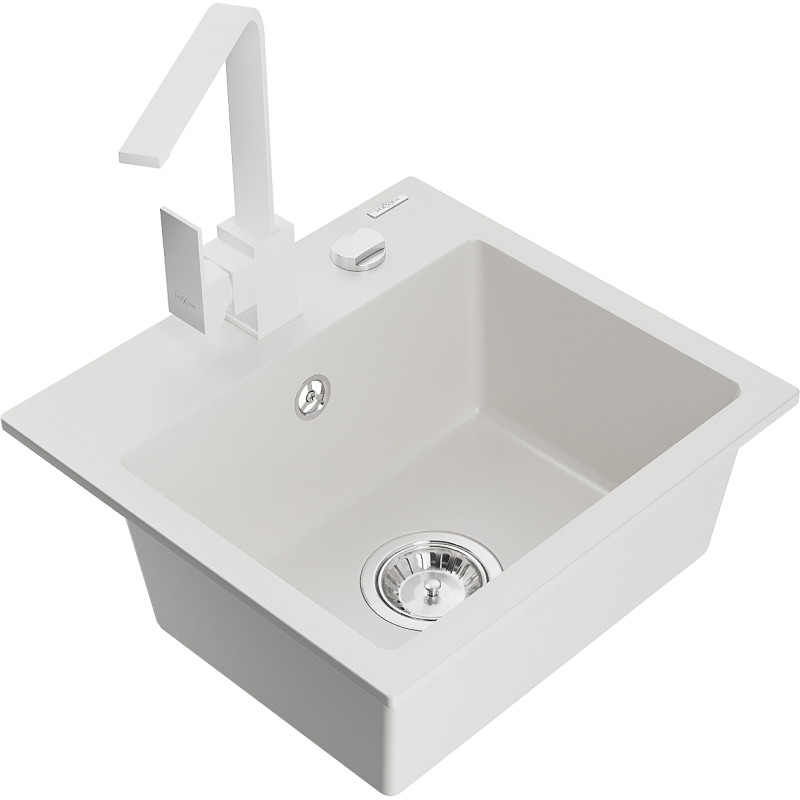 Mexen Milo granite sink 1-bowl with Rita kitchen faucet, white - 6505-20-670300-20