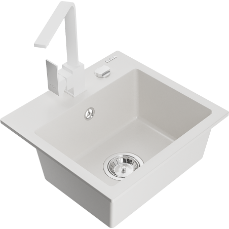 Mexen Milo granite kitchen sink 1-bowl with Rita kitchen tap, white - 6505-20-670300-20