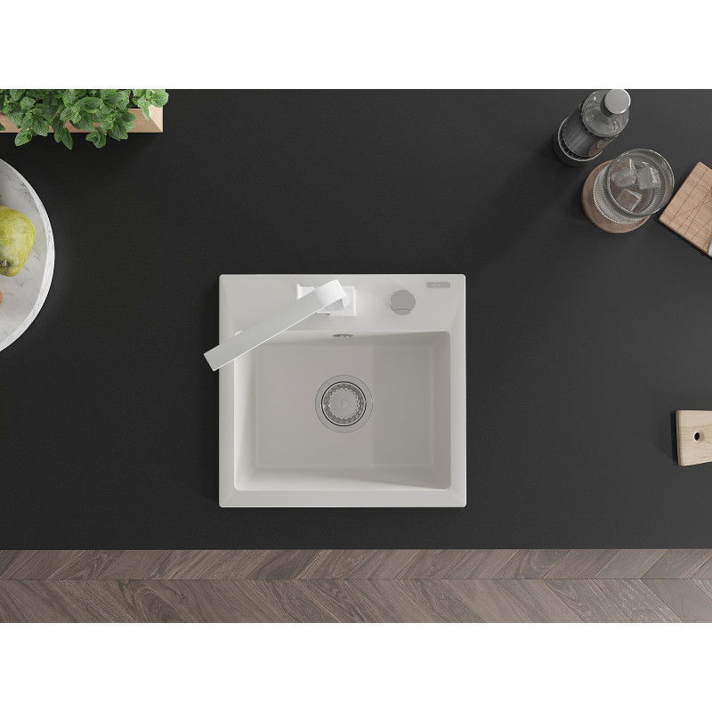 Mexen Milo granite kitchen sink 1-bowl with Rita kitchen tap, white - 6505-20-670300-20