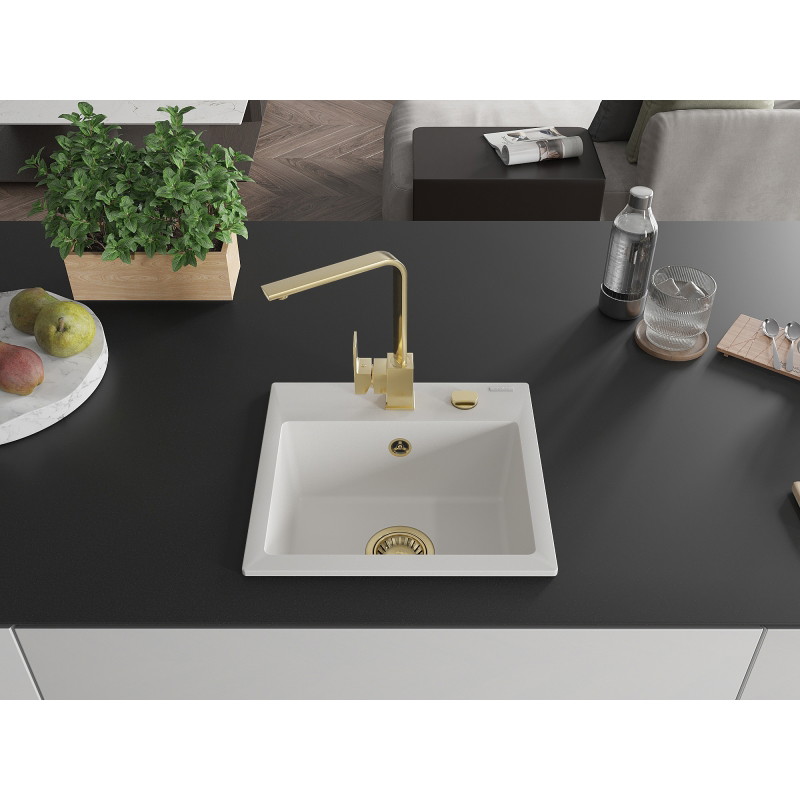 Mexen Milo single-bowl granite sink with Rita kitchen faucet, white - 6505-20-670300-50