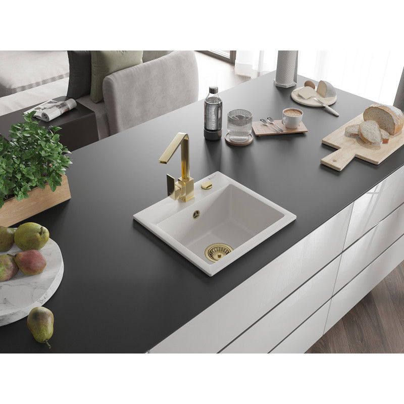 Mexen Milo granite kitchen sink 1-bowl with Rita kitchen tap, white - 6505-20-670300-50