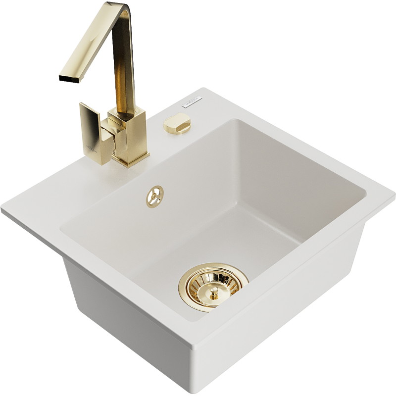 Mexen Milo single-bowl granite sink with Rita kitchen faucet, white - 6505-20-670300-50