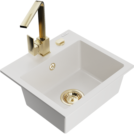 Mexen Milo 1-compartment granite sink with a kitchen mixer tap Rita, White - 6505-20-670300-50