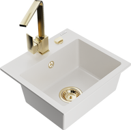Mexen Milo 1-compartment granite sink with a kitchen mixer tap Rita, White - 6505-20-670300-50