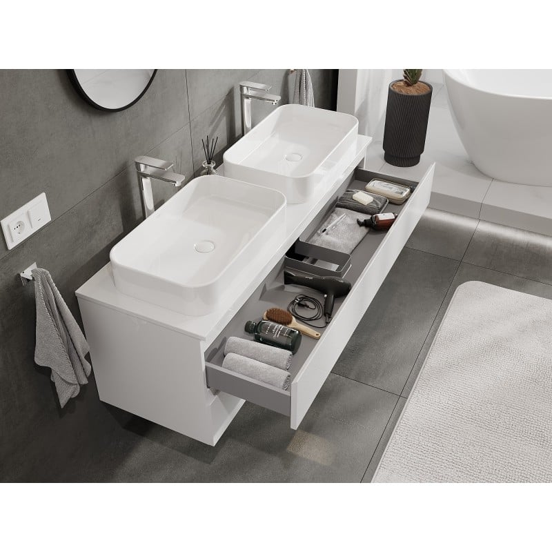 Mexen Orio bathroom cabinet for a washbasin 140 cm with countertop, 2 drawers, white gloss - 91A10-14047-2-BFFC00