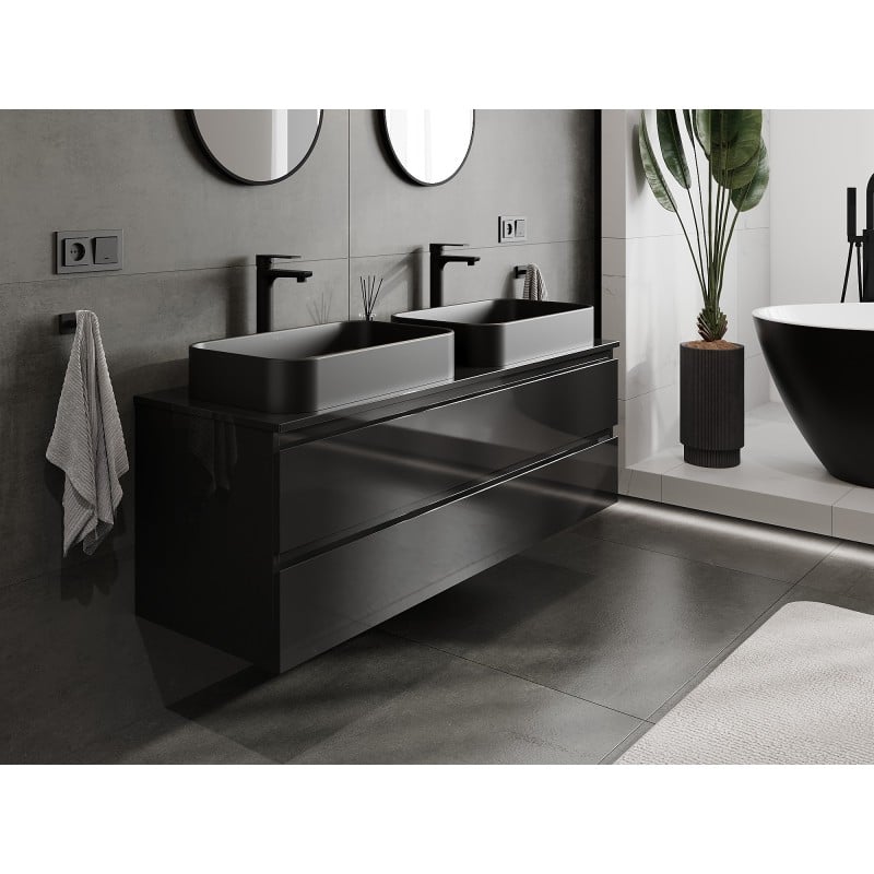 Mexen Orio 140 cm Under-Sink Bathroom Cabinet with Countertop, 2 Drawers, Black Gloss - 91A10-14047-2-BFFC70