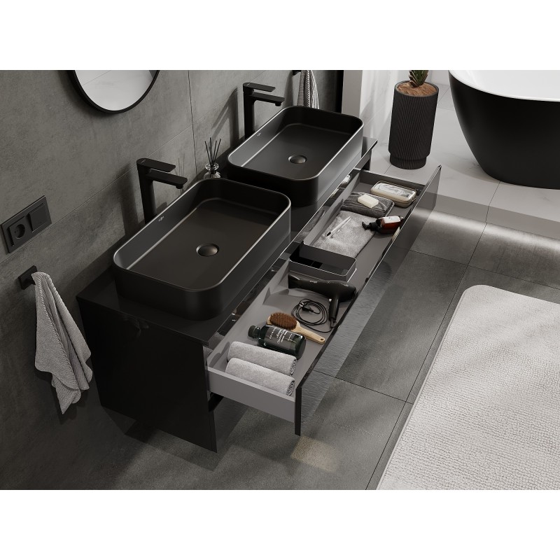 Mexen Orio 140 cm Under-Sink Bathroom Cabinet with Countertop, 2 Drawers, Black Gloss - 91A10-14047-2-BFFC70