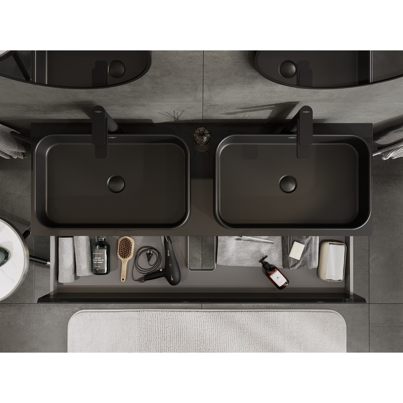 Mexen Orio 140 cm Under-Sink Bathroom Cabinet with Countertop, 2 Drawers, Black Gloss - 91A10-14047-2-BFFC70