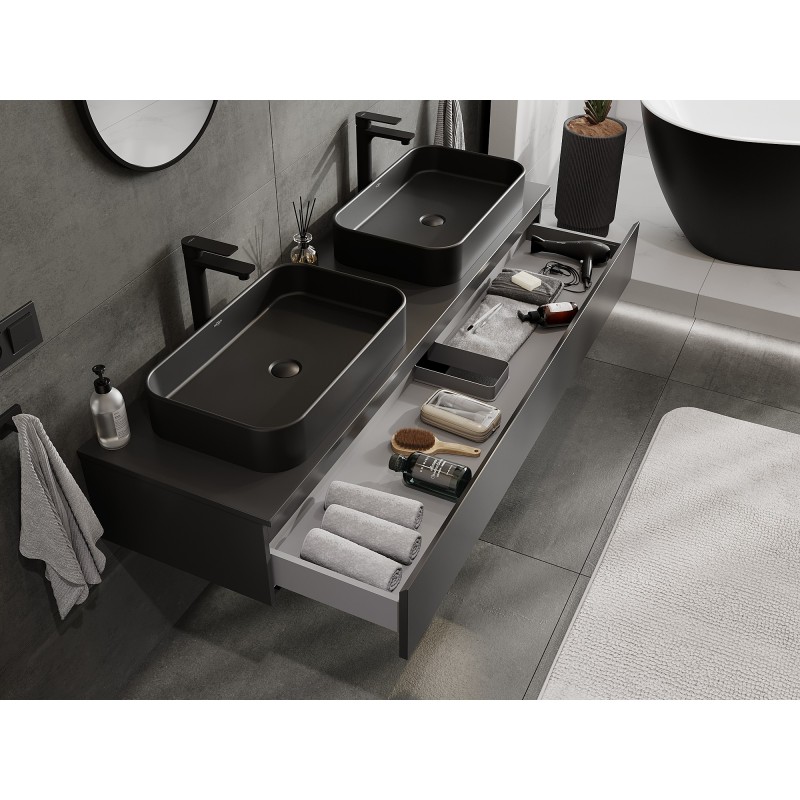 Mexen Orio bathroom cabinet under a 160 cm washbasin with countertop, 1 drawer, matte black - 91A10-16023-1-BFC71