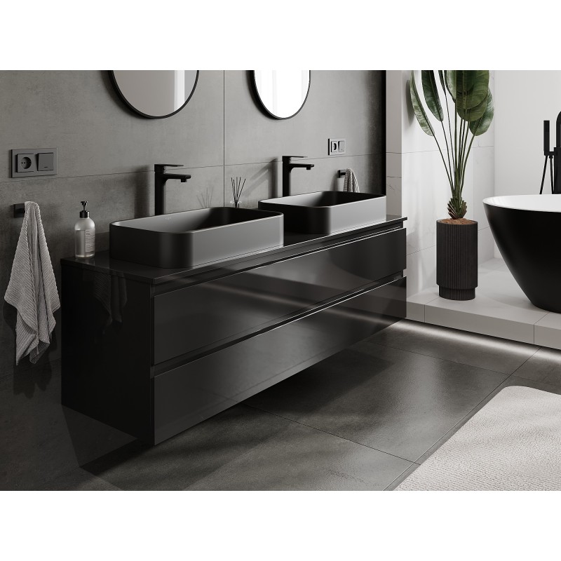 Mexen Orio bathroom cabinet for sink 160 cm with countertop, 2 drawers, black gloss - 91A10-16047-2-BFFC70
