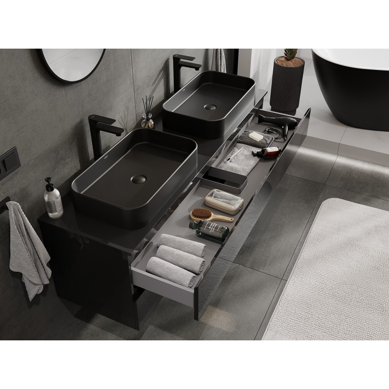 Mexen Orio bathroom cabinet for sink 160 cm with countertop, 2 drawers, black gloss - 91A10-16047-2-BFFC70