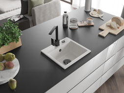Mexen Milo 1-compartment granite sink with a kitchen mixer tap Rita, White - 6505-20-670300-70