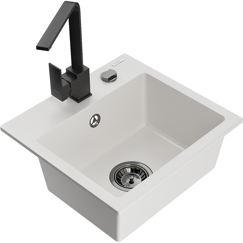 Mexen Milo 1-bowl granite kitchen sink with Rita faucet, white - 6505-20-670300-70