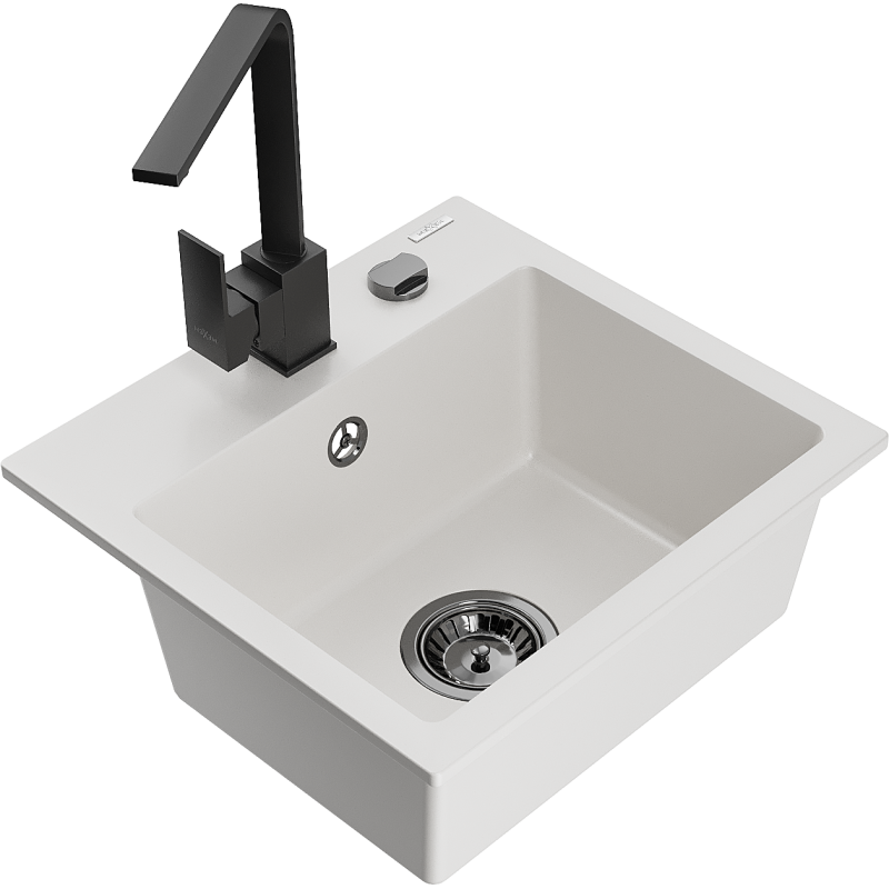 Mexen Milo 1-bowl granite sink with Rita kitchen tap, white - 6505-20-670300-70