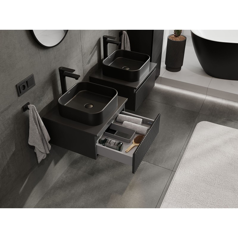 Mexen Rivel bathroom cabinet under washbasin 50 cm with top, 1 drawer, grooved, matte black - 91A20-05023-1-BFC71