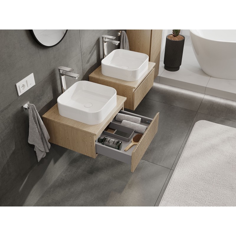 Mexen Rivel bathroom cabinet for under-sink 50 cm with countertop, 1 drawer, grooved, oak - 91A20-05023-1-BFC81