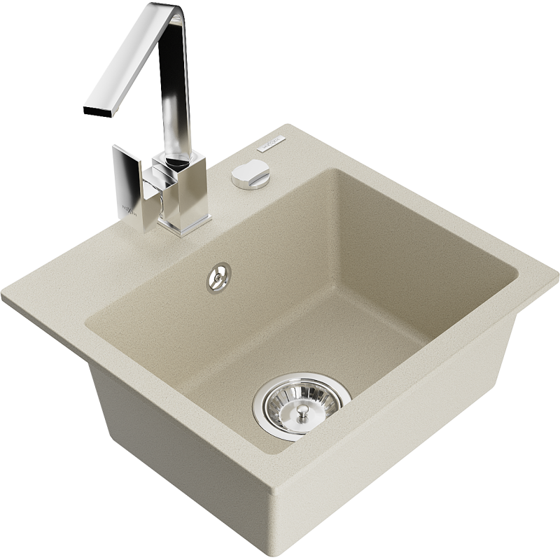 Mexen Milo 1-bowl granite sink with Rita kitchen tap, beige - 6505-69-670300-00