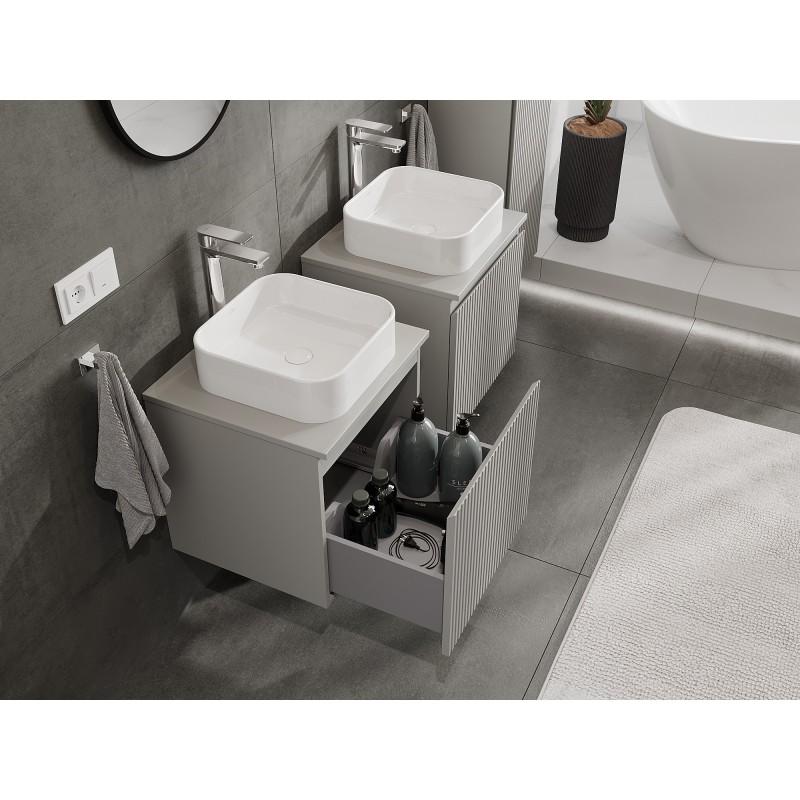 Mexen Rivel bathroom cabinet for countertop washbasin 50 cm with countertop, 1 drawer, ribbed, grey matt - 91A20-05047-1-BFC62
