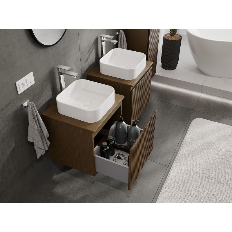 Mexen Rivel 50 cm Bathroom Cabinet with Countertop, 1 Drawer, Grooved, Walnut - 91A20-05047-1-BFC86
