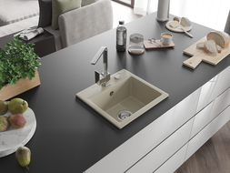Mexen Milo 1-compartment granite sink with a kitchen mixer tap Rita, Beige - 6505-69-670300-00