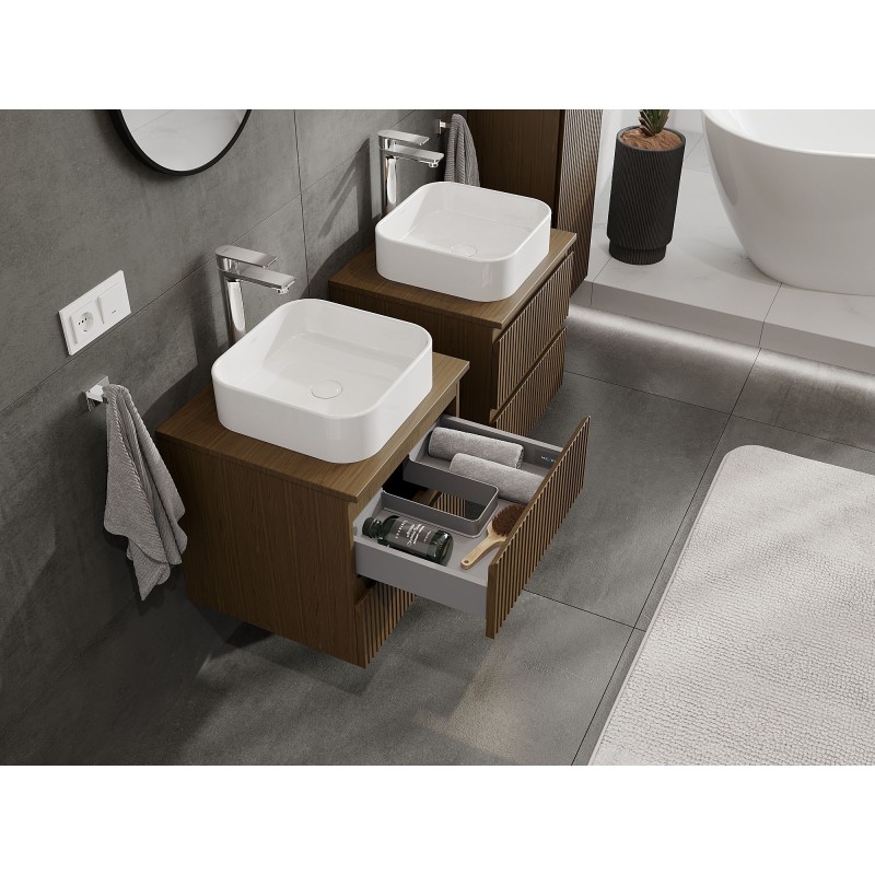 Mexen Rivel bathroom cabinet under-sink 50 cm with counter, 2 drawers, grooved, walnut - 91A20-05047-2-BFFC86