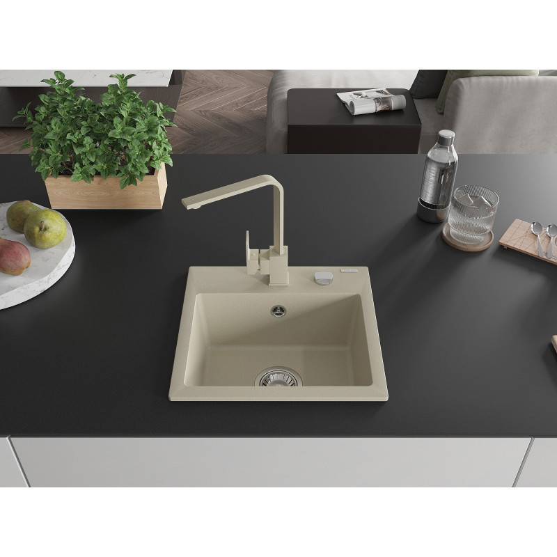 Mexen Milo 1-bowl granite sink with Rita kitchen faucet, beige - 6505-69-670300-69