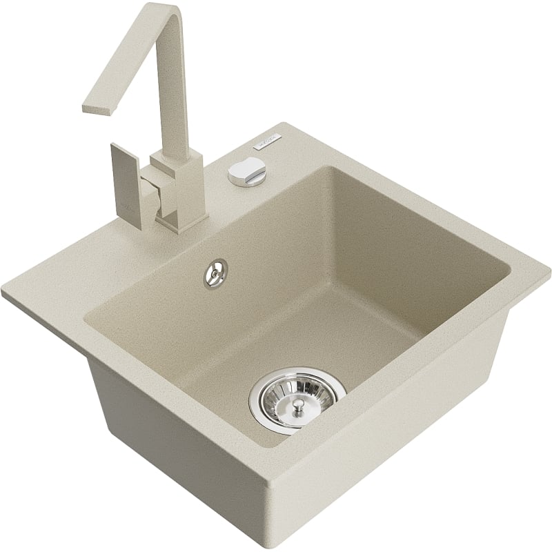 Mexen Milo granite kitchen sink 1-bowl with Rita kitchen faucet, beige - 6505-69-670300-69