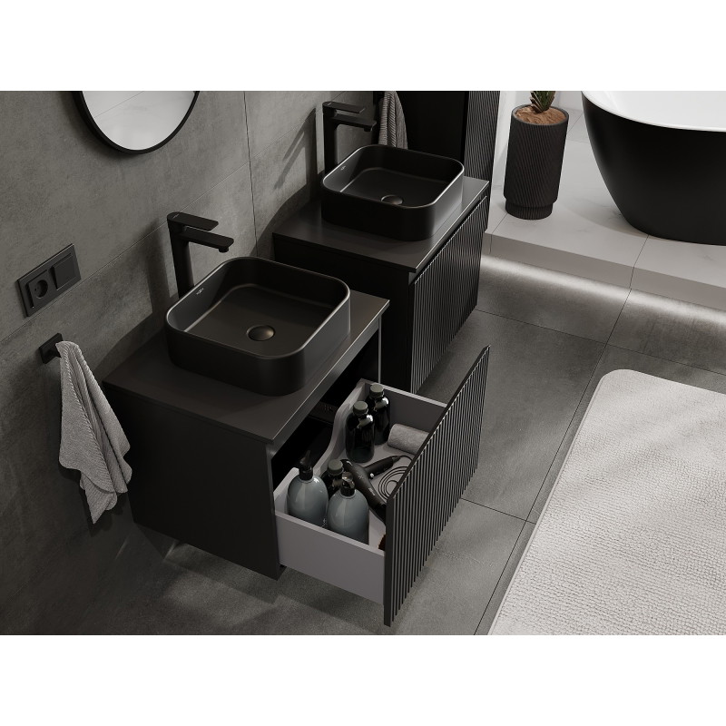 Mexen Rivel 60 cm under-sink bathroom cabinet with countertop, 1 drawer, ribbed, matte black - 91A20-06047-1-BFC71