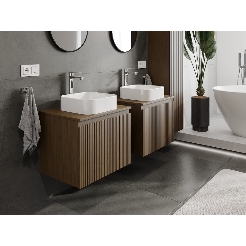 Mexen Rivel bathroom cabinet under basin 60 cm with countertop, 1 drawer, grooved, walnut - 91A20-06047-1-BFC86