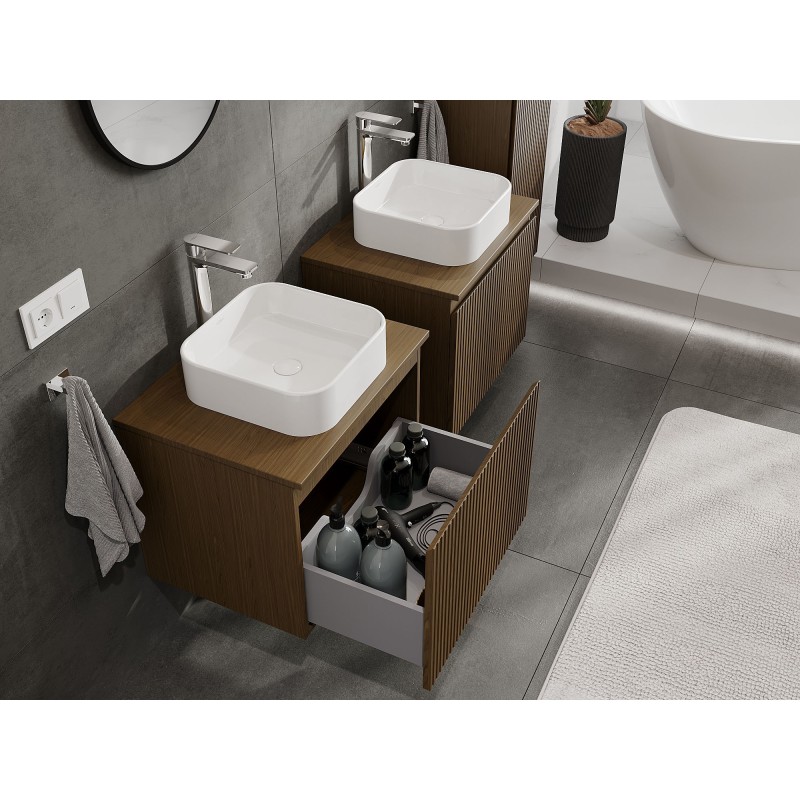 Mexen Rivel bathroom cabinet under basin 60 cm with countertop, 1 drawer, grooved, walnut - 91A20-06047-1-BFC86