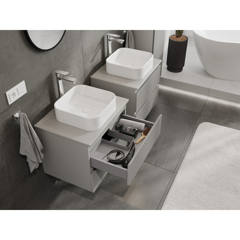 Mexen Rivel bathroom vanity cabinet 60 cm with countertop, 2 drawers, grooved, matte gray - 91A20-06047-2-BFFC62