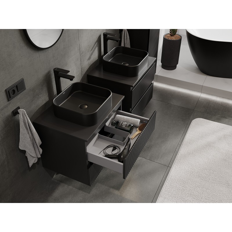 Mexen Rivel bathroom cabinet for washbasin 60 cm with countertop, 2 drawers, fluted, black matt - 91A20-06047-2-BFFC71