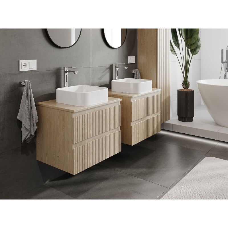 Mexen Rivel 60 cm Under-Sink Bathroom Cabinet with Countertop, 2 Drawers, Grooved, Oak - 91A20-06047-2-BFFC81