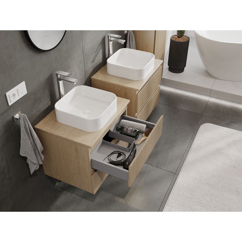 Mexen Rivel 60 cm Under-Sink Bathroom Cabinet with Countertop, 2 Drawers, Grooved, Oak - 91A20-06047-2-BFFC81