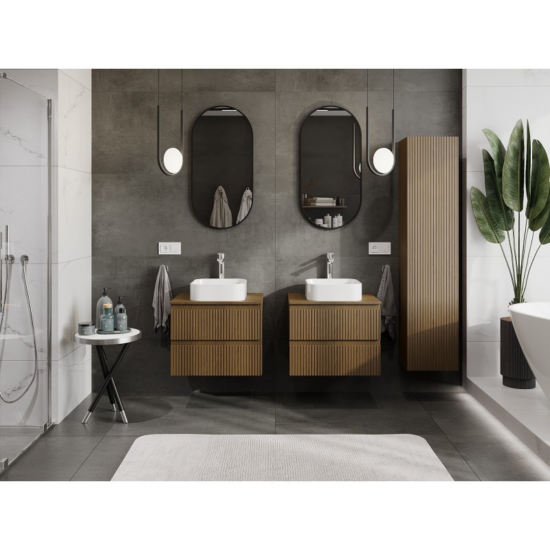 Mexen Rivel bathroom cabinet for washbasin 60 cm with countertop, 2 drawers, grooved, walnut - 91A20-06047-2-BFFC86