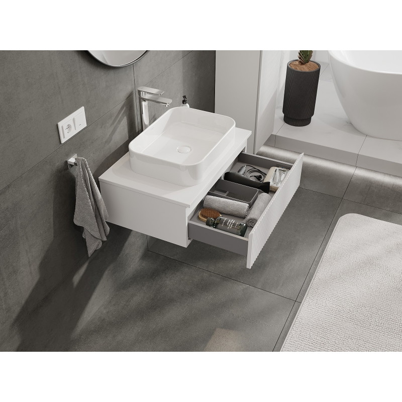 Mexen Rivel bathroom cabinet under-sink 70 cm with countertop, 1 drawer, fluted, white matte - 91A20-07023-1-BFC01