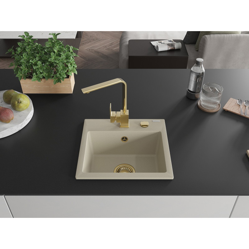 Mexen Milo 1-bowl granite sink with Rita kitchen faucet, beige - 6505-69-670300-50
