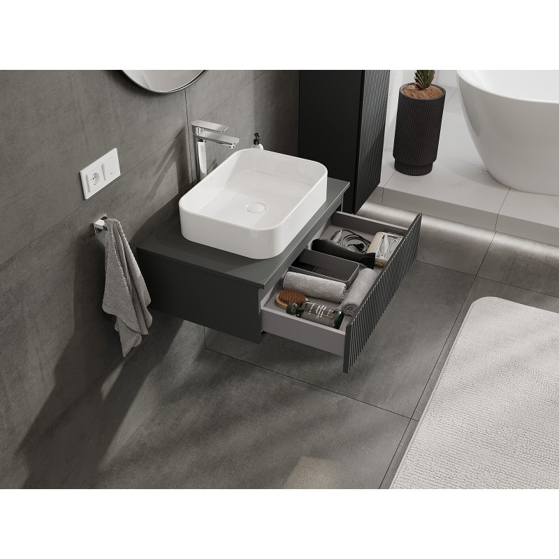 Mexen Rivel bathroom vanity cabinet 70 cm with countertop, 1 drawer, fluted, matte graphite - 91A20-07023-1-BFC66
