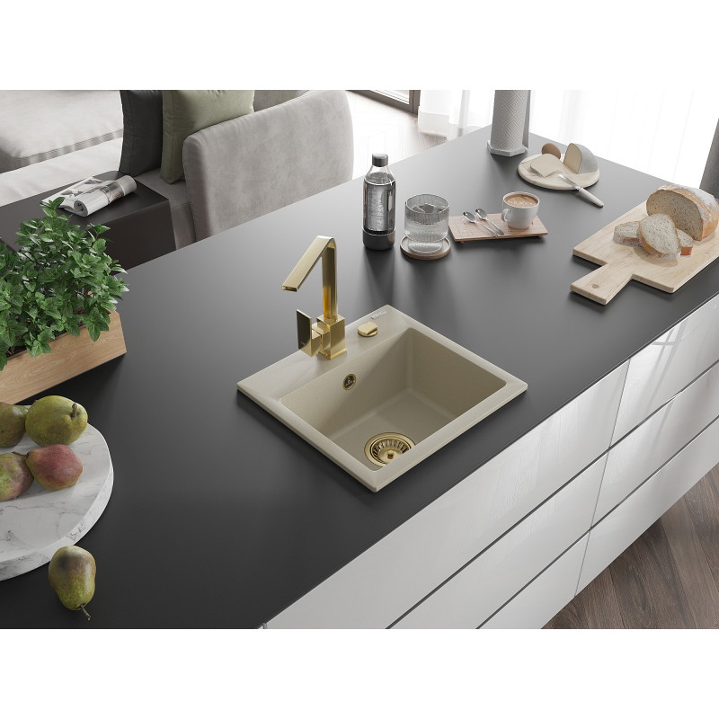 Mexen Milo 1-bowl granite sink with Rita kitchen faucet, beige - 6505-69-670300-50