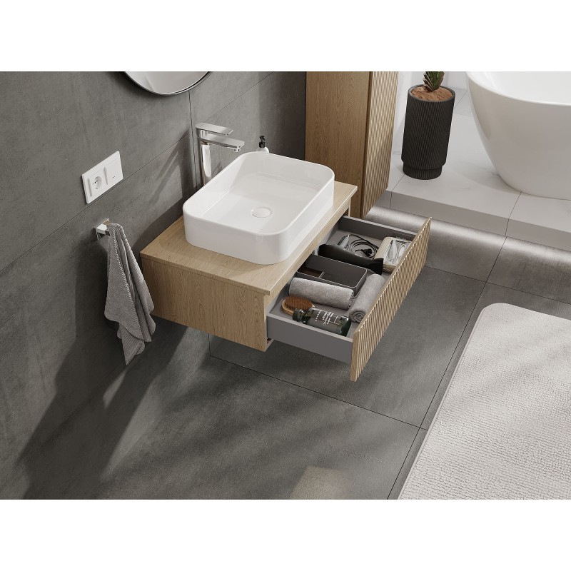 Mexen Rivel bathroom cabinet under sink 70 cm with countertop, 1 drawer, fluted, oak - 91A20-07023-1-BFC81