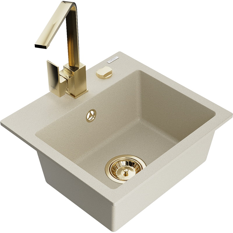 Mexen Milo 1-bowl granite sink with Rita kitchen faucet, beige - 6505-69-670300-50