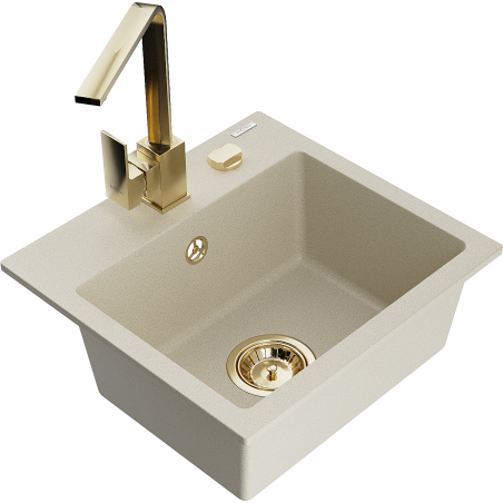 Mexen Milo granite single-bowl sink with Rita kitchen faucet, beige - 6505-69-670300-50