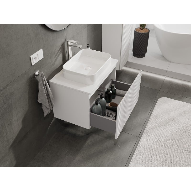 Mexen Rivel bathroom cabinet for washbasin 70 cm with countertop, 1 drawer, fluted, matte white - 91A20-07047-1-BFC01