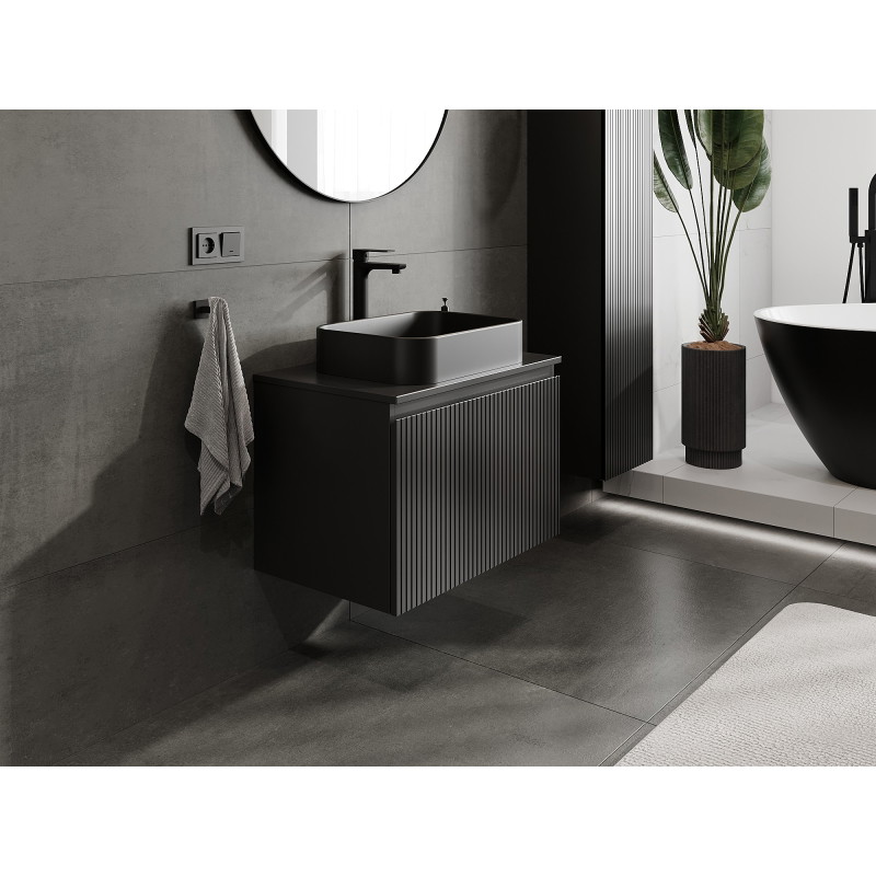 Mexen Rivel 70 cm bathroom vanity cabinet with countertop, 1 drawer, fluted, matte black - 91A20-07047-1-BFC71