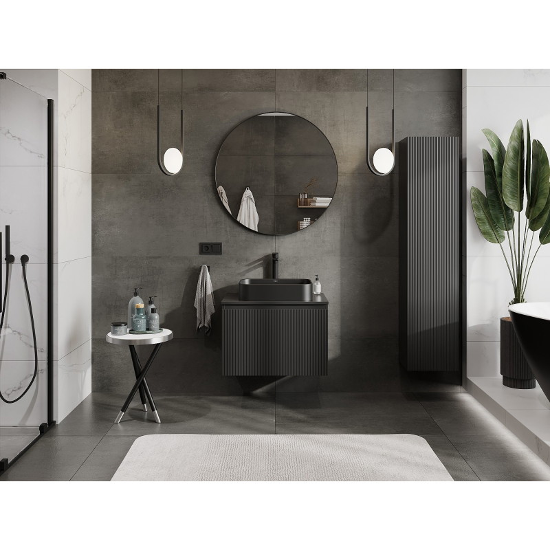 Mexen Rivel 70 cm bathroom vanity cabinet with countertop, 1 drawer, fluted, matte black - 91A20-07047-1-BFC71